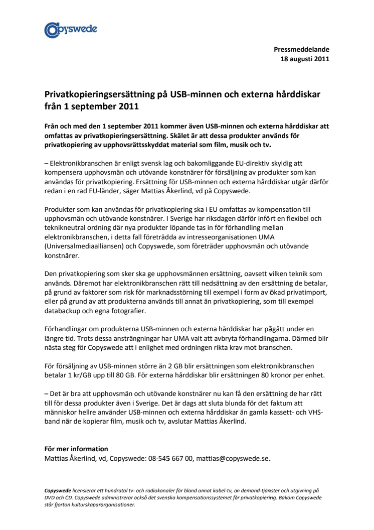 Privatkopieringsersättning på USB-minnen och externa hårddiskar från 1 september 2011 