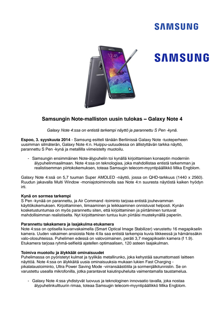 Samsungin Note-malliston uusin tulokas – Galaxy Note 4