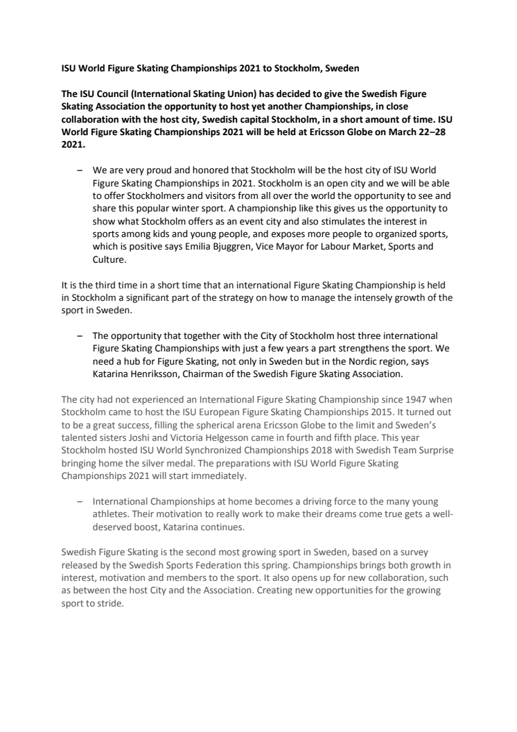 ISU World Figure Skating Championships 2021 to Stockholm, Sweden