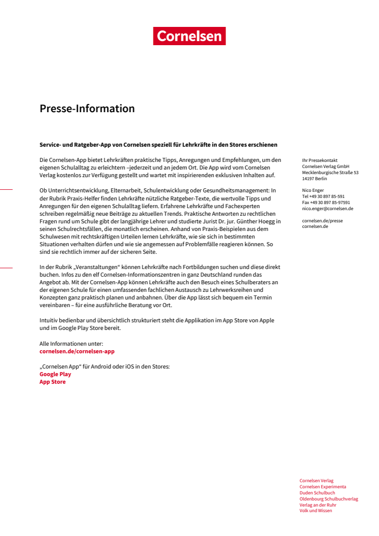 Service- und Ratgeber-App von Cornelsen speziell für Lehrkräfte in den Stores erschienen 