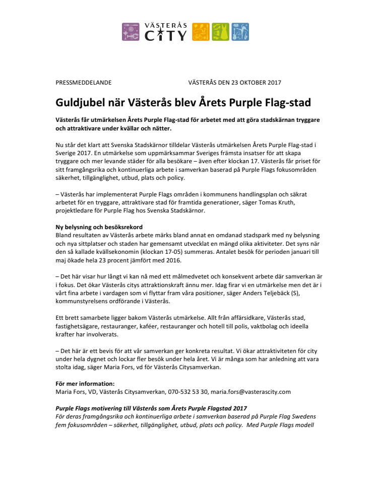 Guldjubel när Västerås blev Årets Purple Flag-stad 