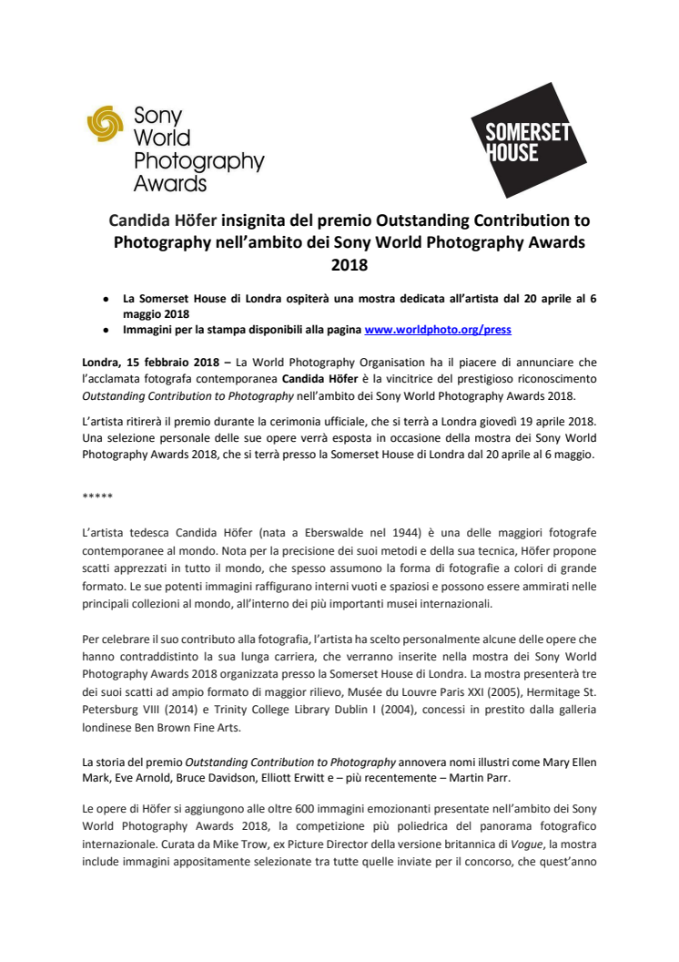 Candida Höfer insignita del premio Outstanding Contribution to Photography nell’ambito dei Sony World Photography Awards 2018