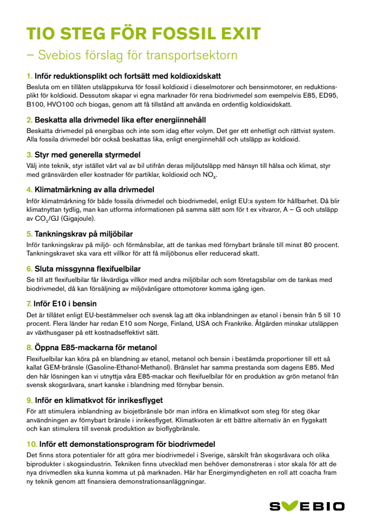 Tio steg för fossil exit  – Svebios förslag för transportsektorn