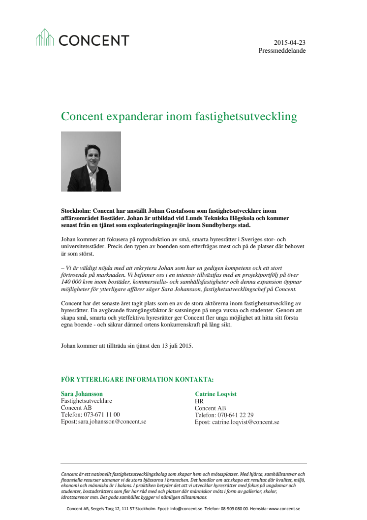 Concent expanderar inom fastighetsutveckling och anställer Johan Gustafsson