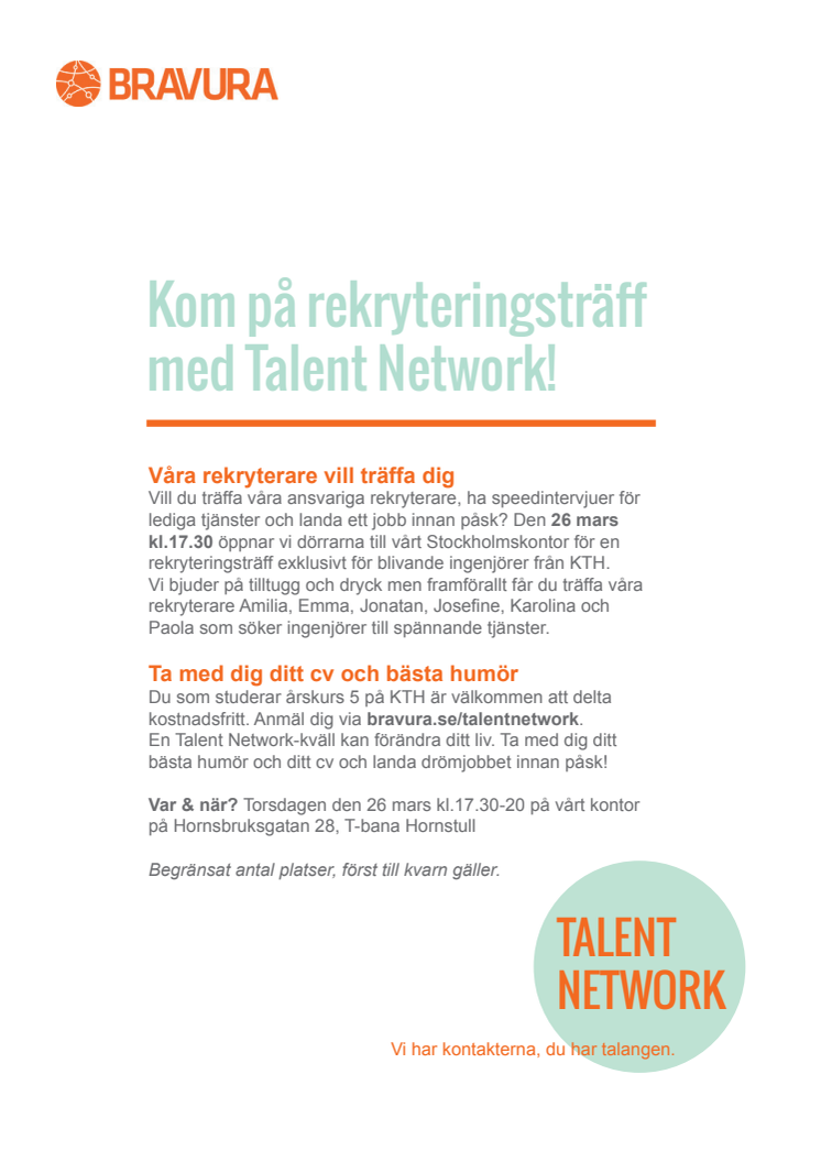 Bravura bjuder in KTH-studenter till rekryteringsträff 26 mars