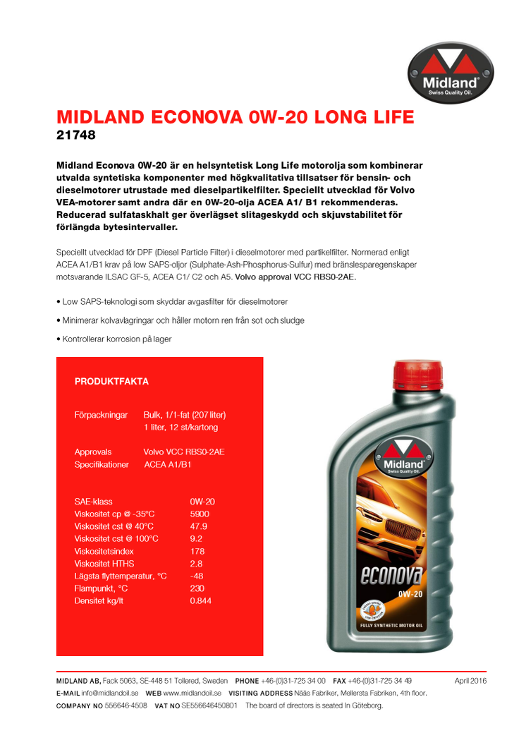 Midland Econova 0W-20 nu officiellt godkänd för Volvo.