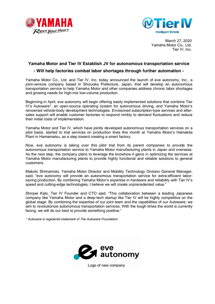 Yamaha Motor and Tier IV Establish JV for autonomous transportation service    - Will help factories combat labor shortages through further automation -