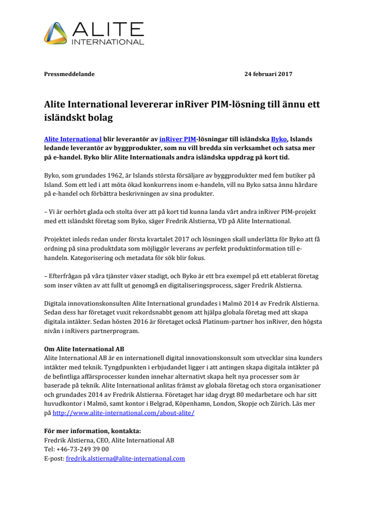 Alite International levererar inRiver PIM-lösning till ännu ett isländskt bolag  