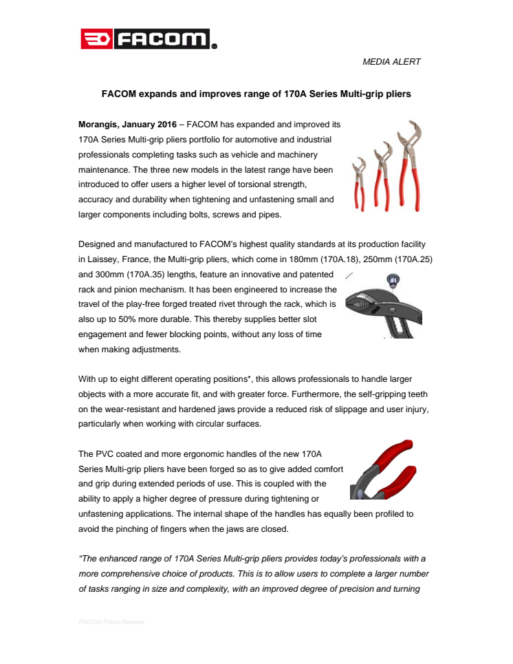 FACOM expands and improves range of 170A Series Multi-grip pliers