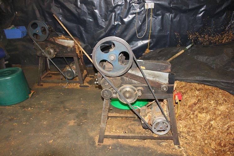 A tobacco cutting machine found inside rented farm buildings in Warwickshire