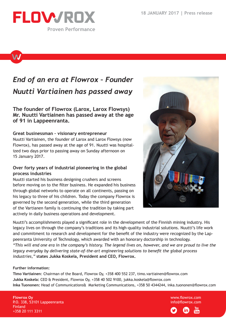 End of an era at Flowrox – Founder Nuutti Vartiainen has passed away