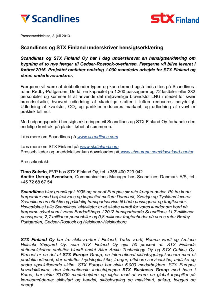 Scandlines og STX Finland underskriver hensigtserklæring