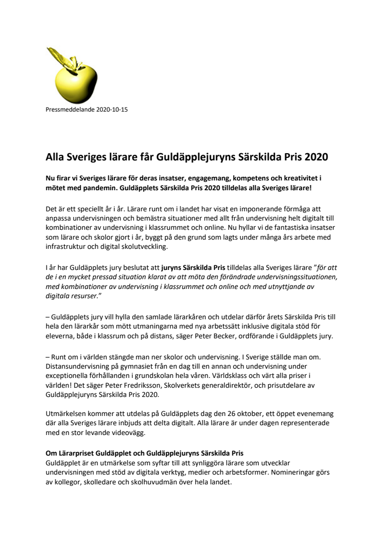 Alla Sveriges lärare får Guldäpplejuryns Särskilda Pris 2020