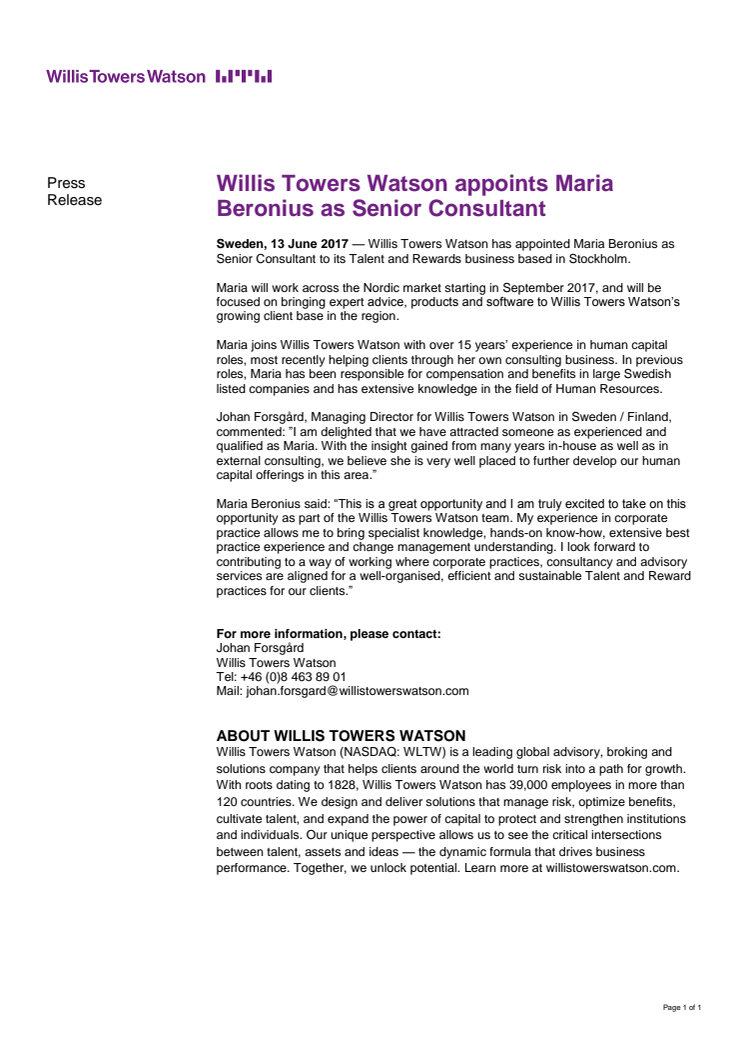 Willis Towers Watson appoints Maria Beronius as Senior Consultant