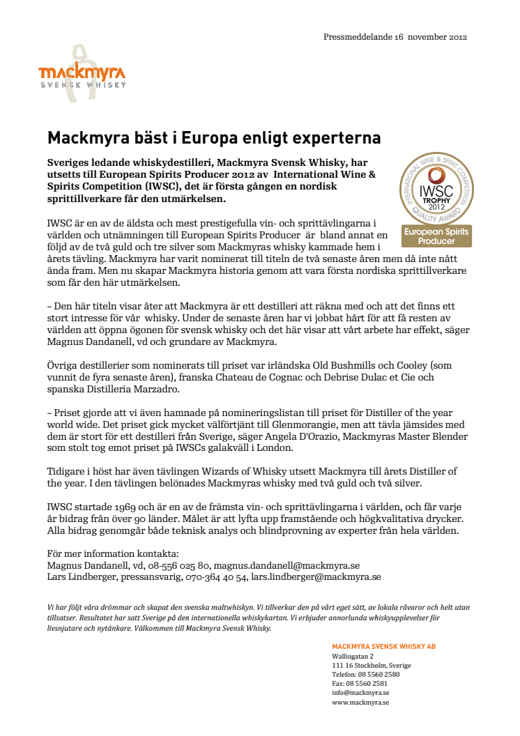 Mackmyra bäst i Europa enligt experterna