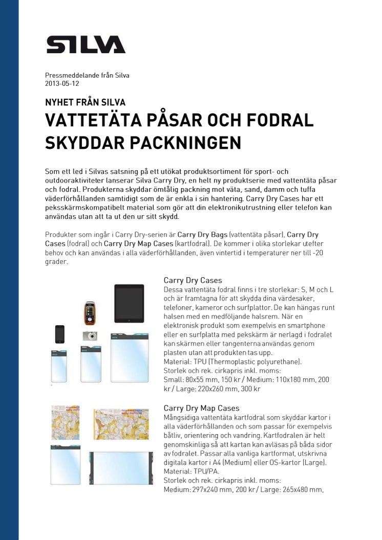 Silva lanserar Carry Dry, en helt ny produktserie med vattentäta påsar och fodral