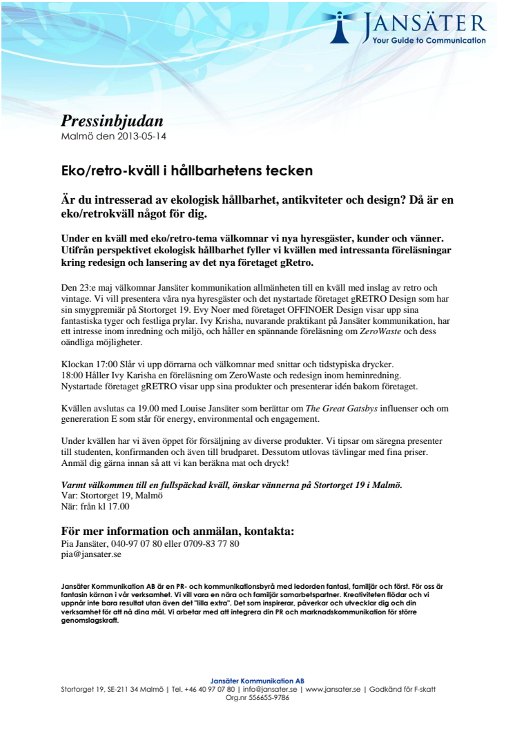 Pressinbjudan till en eko/retro-kväll i hållbarhetens tecken den 23 maj i Malmö