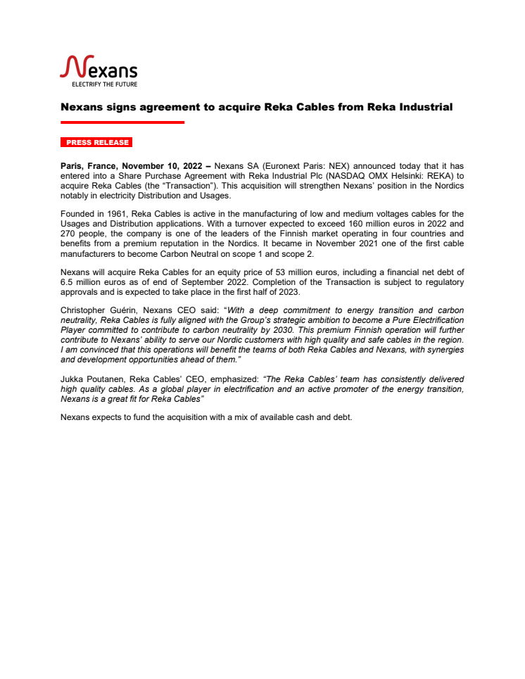Press release_Nexans signs agreement to acquire Reka Cables from Reka Industrial.pdf