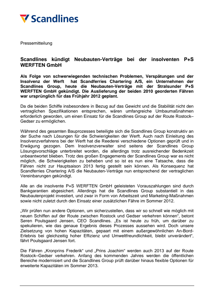 Scandlines kündigt Neubauten-Verträge bei der insolventen P+S WERFTEN GmbH