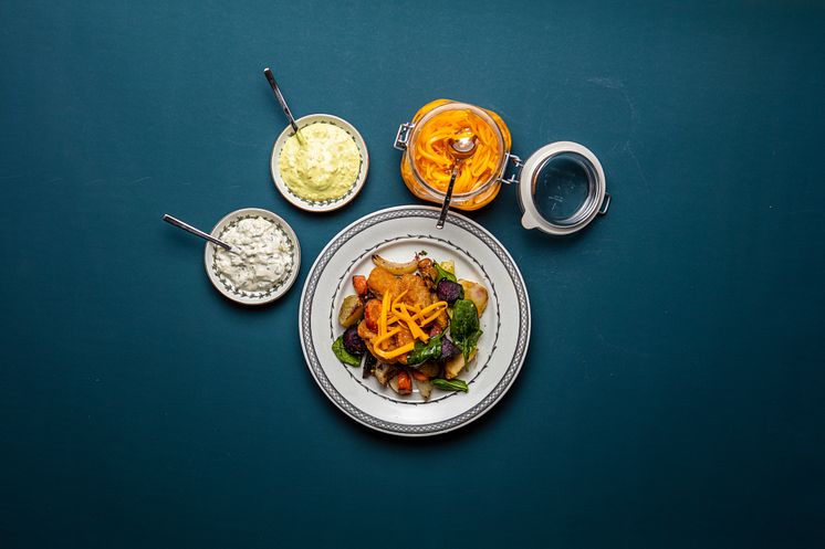 Ärtnuggets med rostade grönsaker