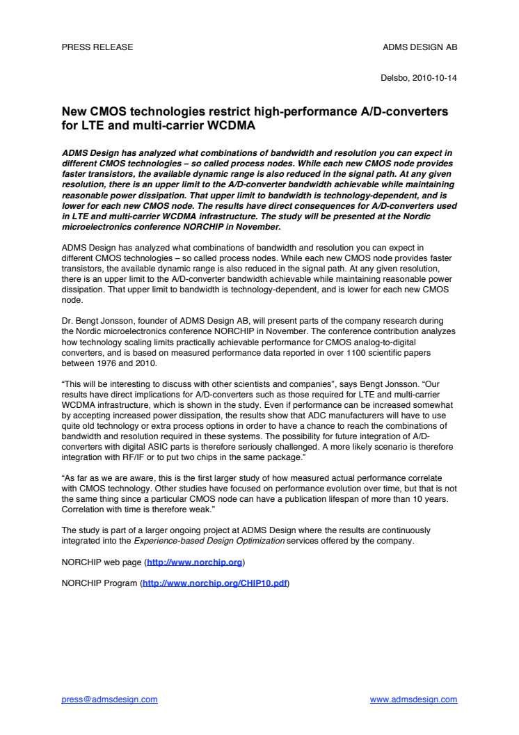 New CMOS technologies restrict high-performance A/D-converters for LTE and multi-carrier WCDMA