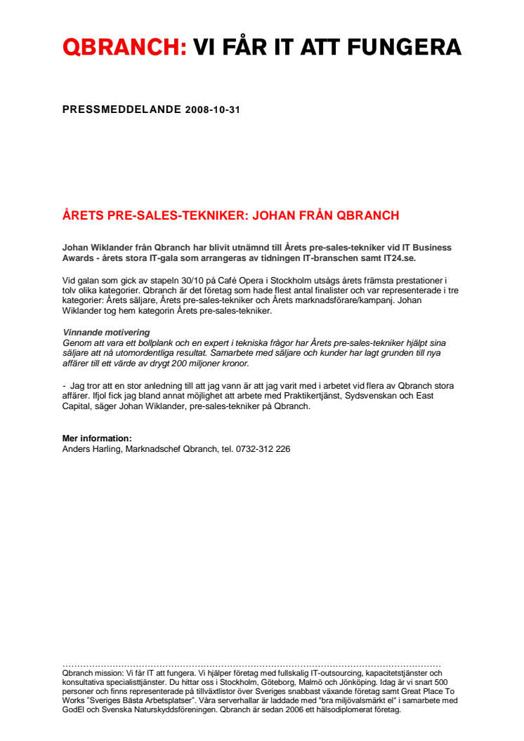 ÅRETS PRE-SALES-TEKNIKER: JOHAN FRÅN QBRANCH