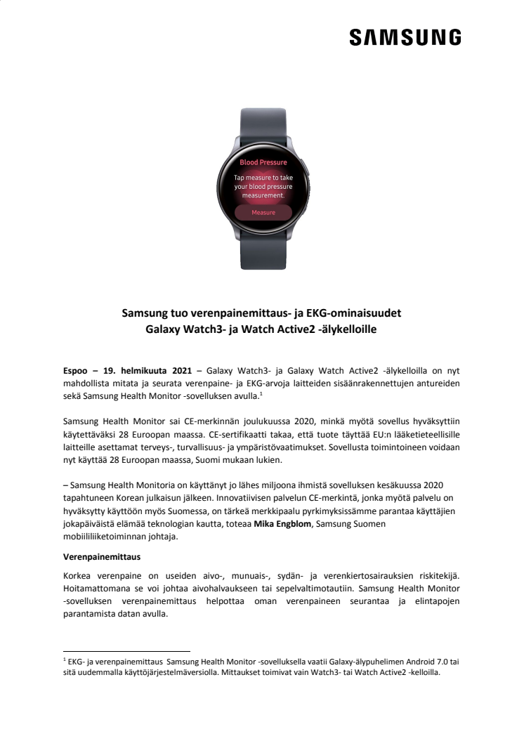 Samsung tuo verenpainemittaus- ja EKG-ominaisuudet Galaxy Watch3- ja Watch Active2 -älykelloille