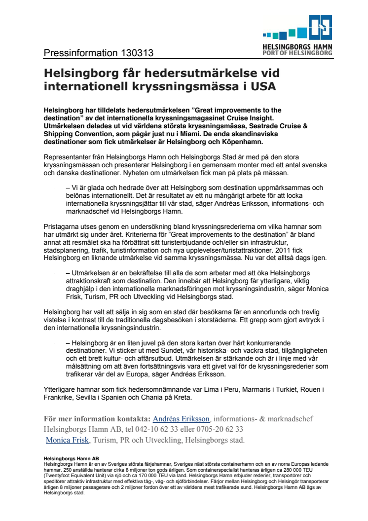 Helsingborg får hedersutmärkelse vid internationell kryssningsmässa i USA