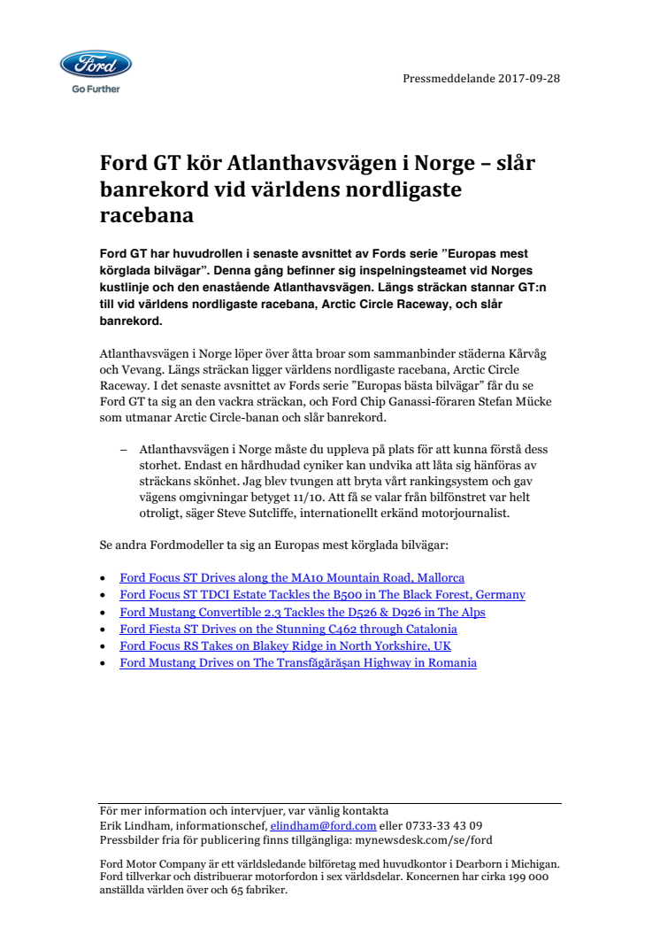 Ford GT kör Atlanthavsvägen i Norge – slår banrekord vid världens nordligaste racebana