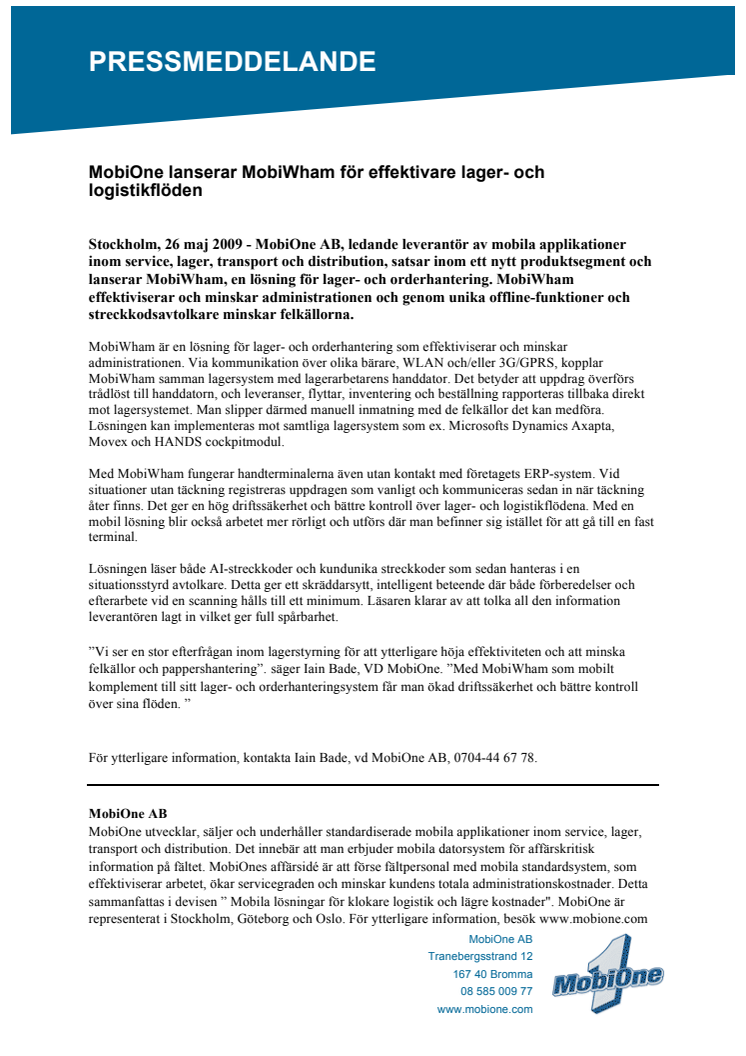 MobiOne lanserar MobiWham för effektivare lager- och logistikflöden