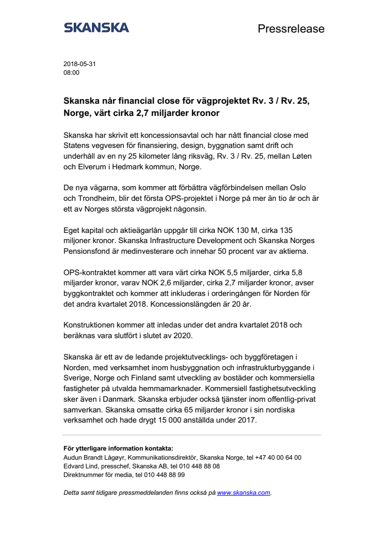 Skanska når financial close för vägprojektet Rv. 3 / Rv. 25, Norge, värt cirka 2,7 miljarder kronor