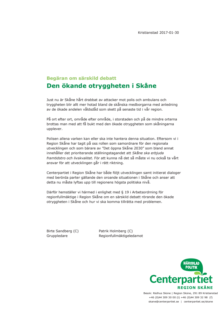 Begäran om särskild debatt - Den ökande otryggheten i Skåne