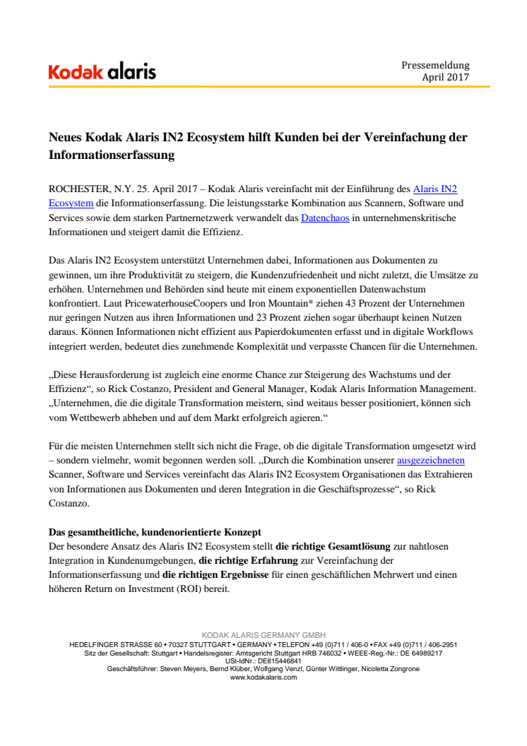 Neues Kodak Alaris IN2 Ecosystem hilft Kunden bei der Vereinfachung der Informationserfassung