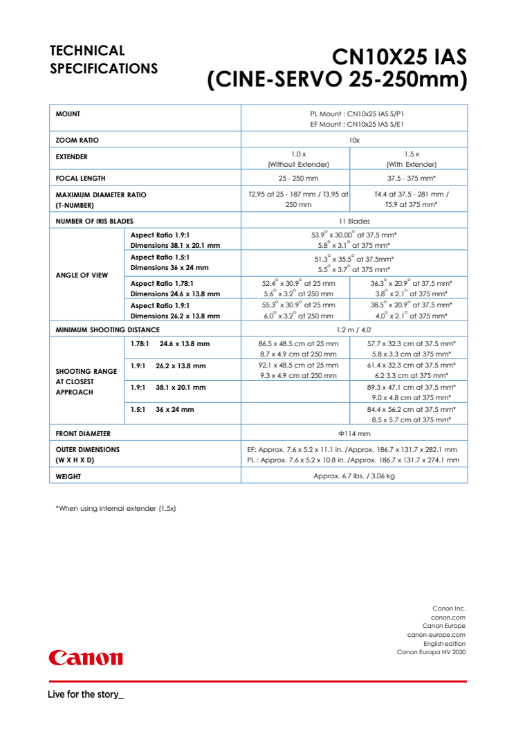 Canon Tekniska specifikationer CN10X25 IAS S