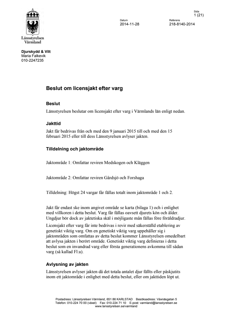 Beslut - Licensjakt på varg 2014-11-28