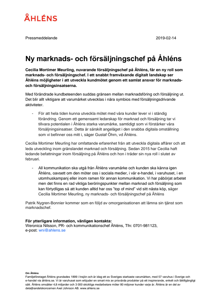 Ny marknads- och försäljningschef på Åhléns