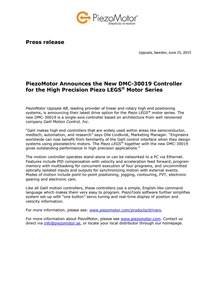 PiezoMotor Announces the New DMC-30019 Controller  for the High Precision Piezo LEGS® Motor Series