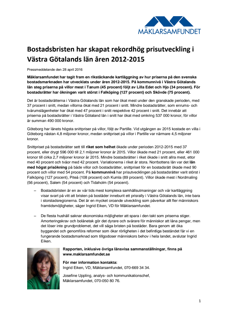 Bostadsbristen har skapat rekordhög prisutveckling i Västra Götalands län åren 2012-2015