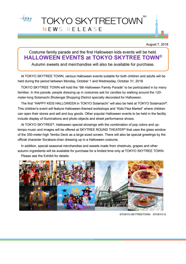 Costume family parade and the first Halloween kids events will be held. HALLOWEEN EVENTS at TOKYO SKYTREE TOWN (R)