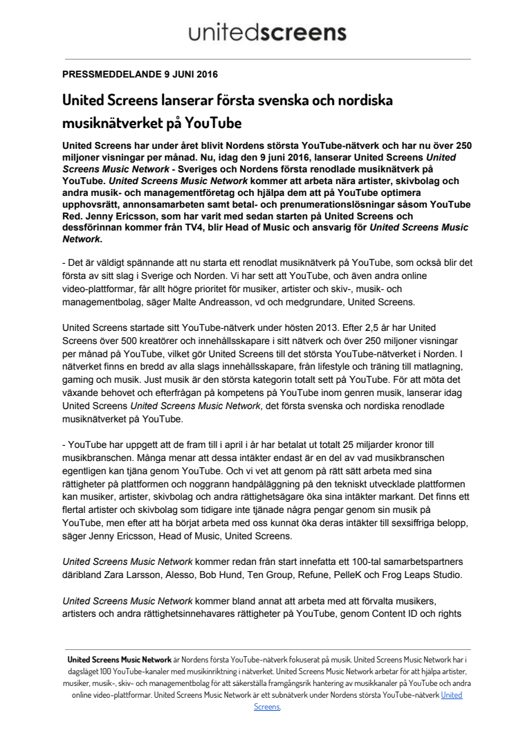 United Screens lanserar första svenska och nordiska musiknätverket på YouTube