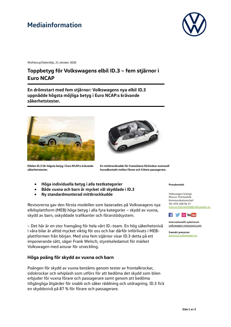 Toppbetyg för Volkswagens elbil ID.3 – fem stjärnor i Euro NCAP