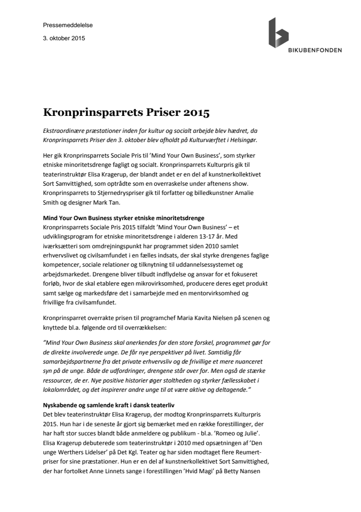 Kronprinsparrets Priser 2015