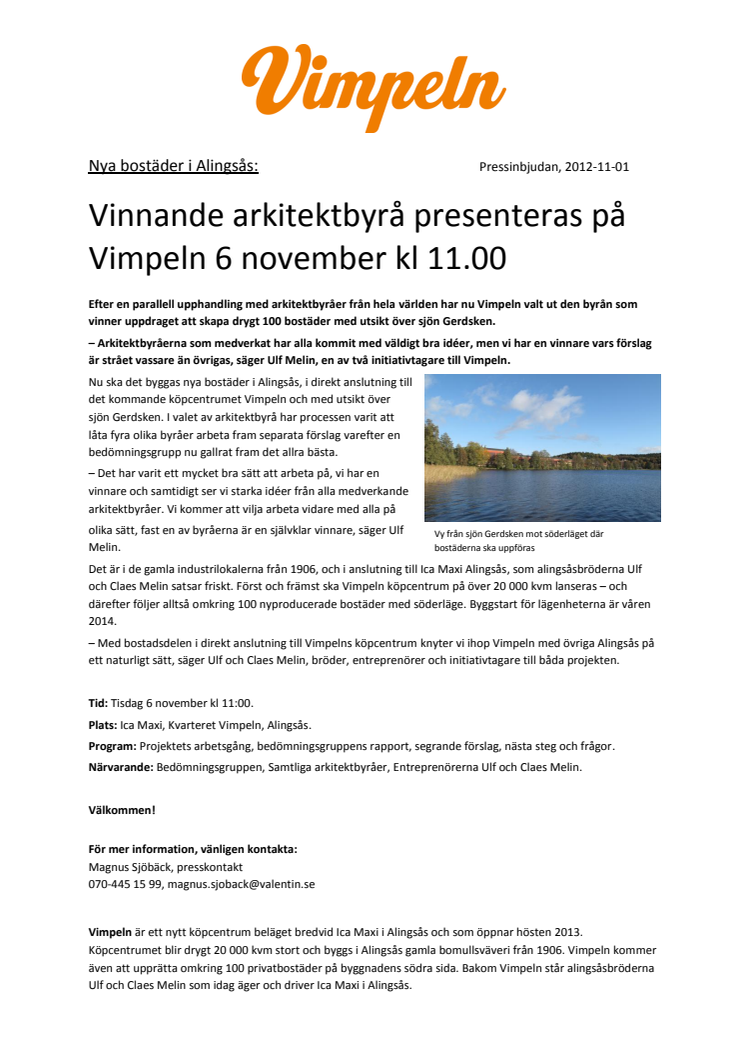 Nya bostäder i Alingsås: Vinnande arkitektbyrå presenteras på Vimpeln 6 november kl 11.00