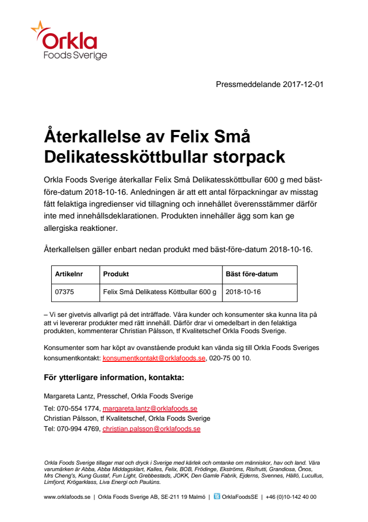 Återkallelse av Felix Små delikatessköttbullar