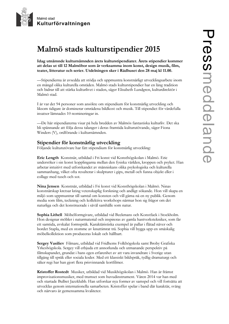 Malmö stads kulturstipendier 2015