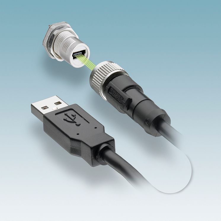 M12 kontakt med Mini-B USB-insats ger en säker och tät anslutning.
