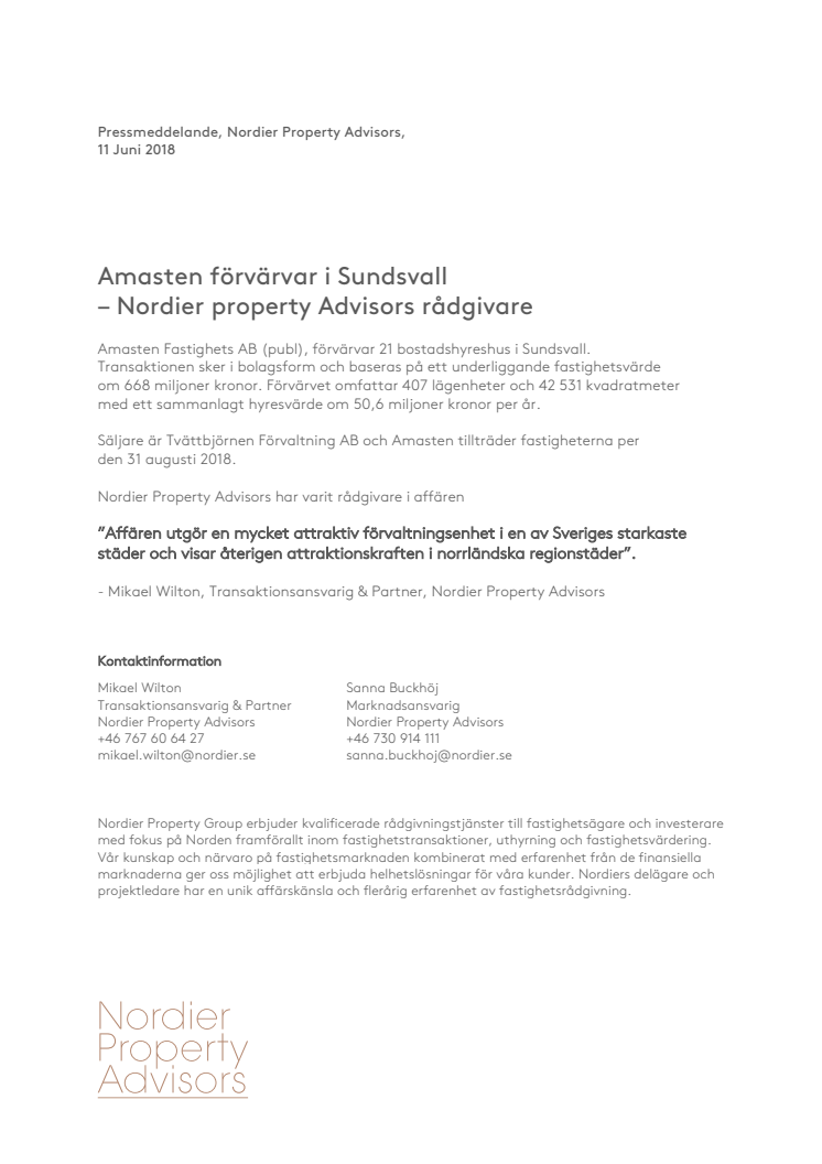 Amasten förvärvar i Sundsvall – Nordier Property Advisors rådgivare