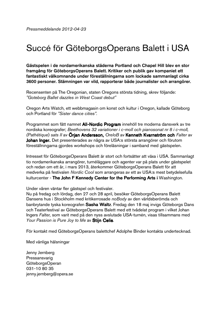 Succé för GöteborgsOperans Balett i USA 