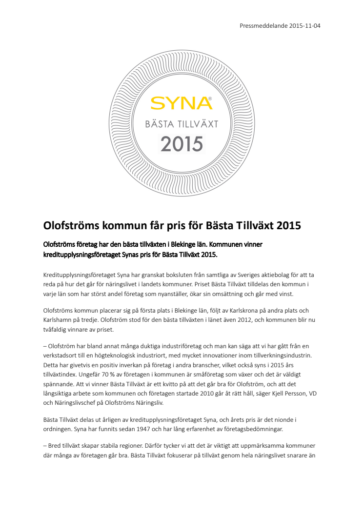 Olofströms kommun får pris för Bästa Tillväxt 2015