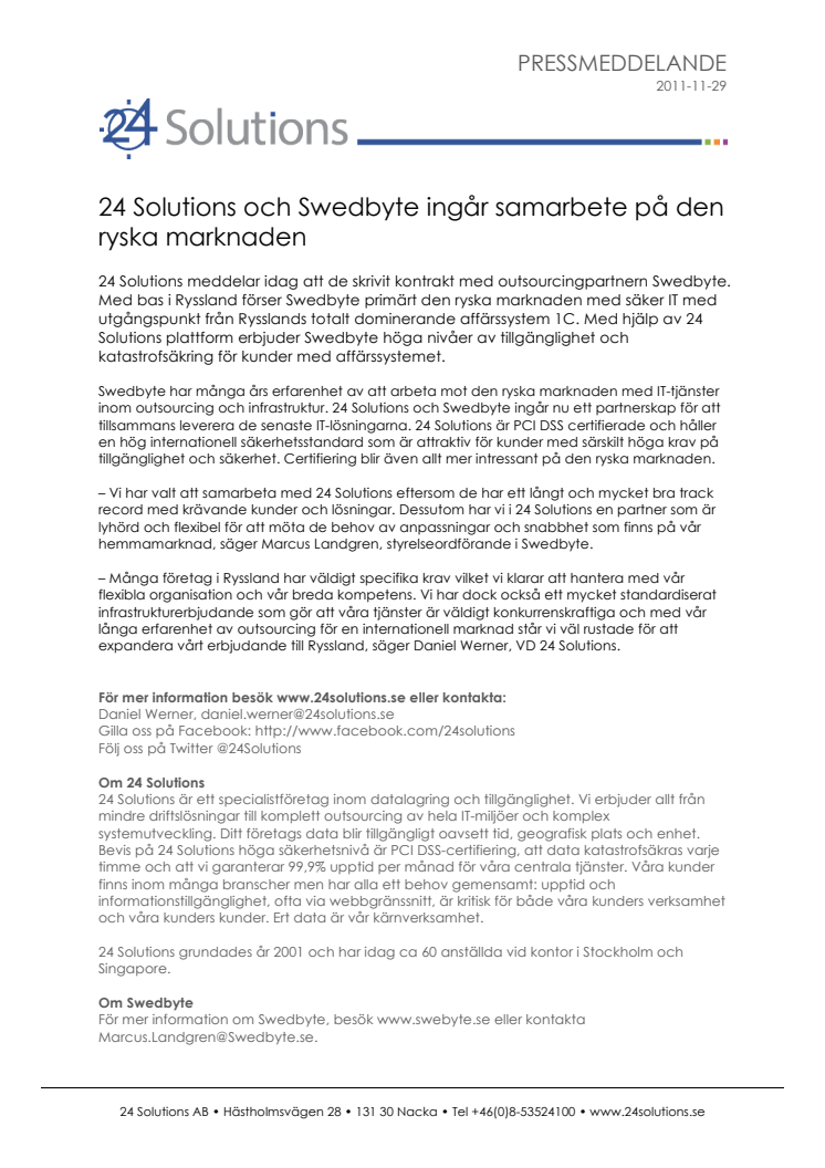 24 Solutions och Swedbyte ingår samarbete på den ryska marknaden